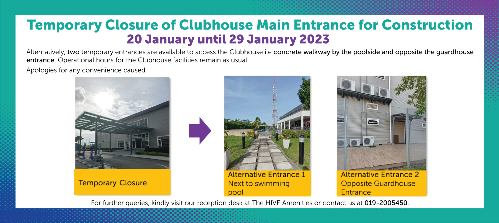 Temporary Closure of Clubhouse Main Entrance for Construction