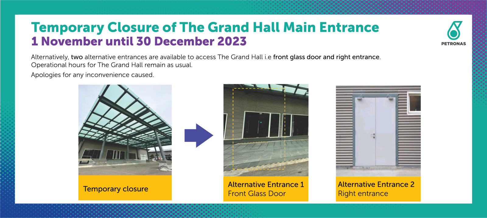Temporary Closure of The Grand Hall Main Entrance
